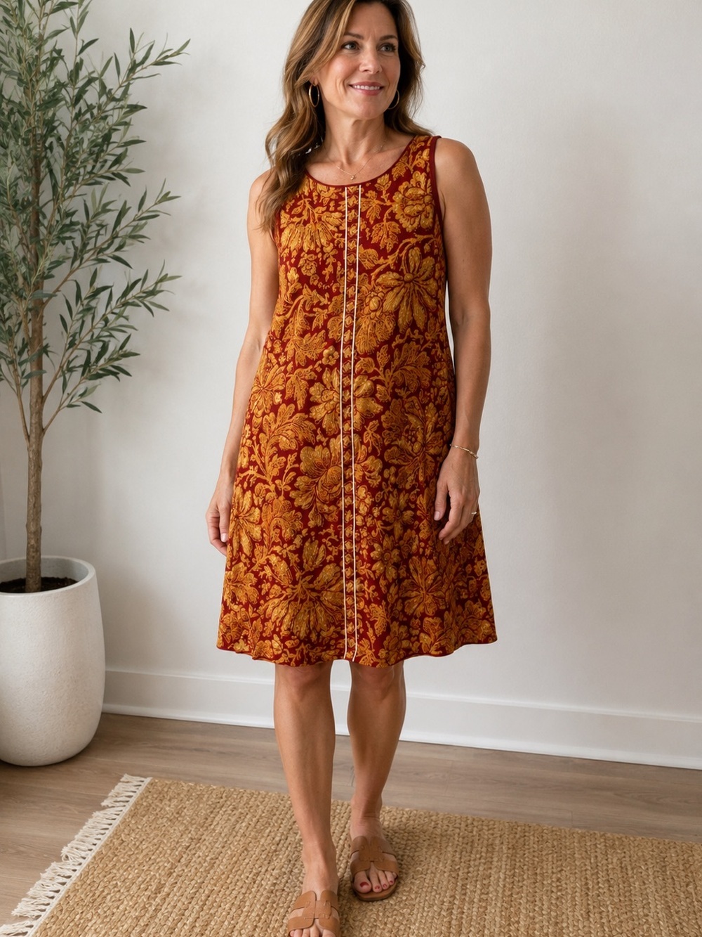 Peruvian Connection Sleeveless Floral Knit Dress Red Gold Boho Artsy MEDIUM